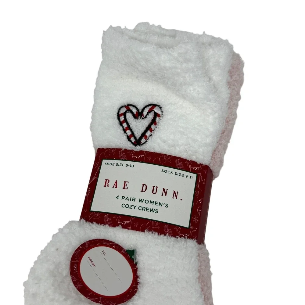 NWT Rae Dunn Cozy Fuzzy Crew Socks White Pink 4-Pair Pack Holiday Christmas OS